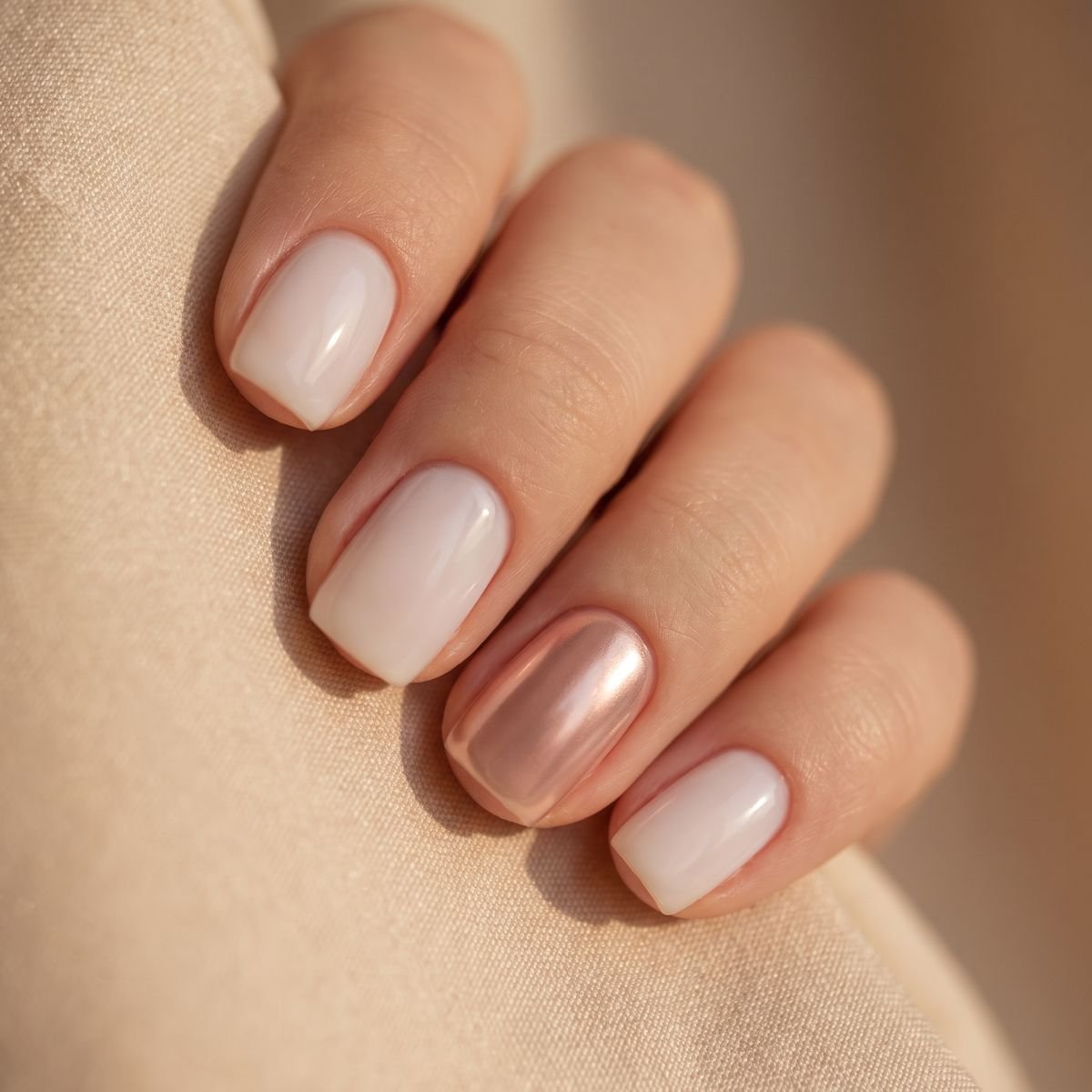 Rövid, szögletes tejfehér körmök egy rose gold króm akcentkörömmel